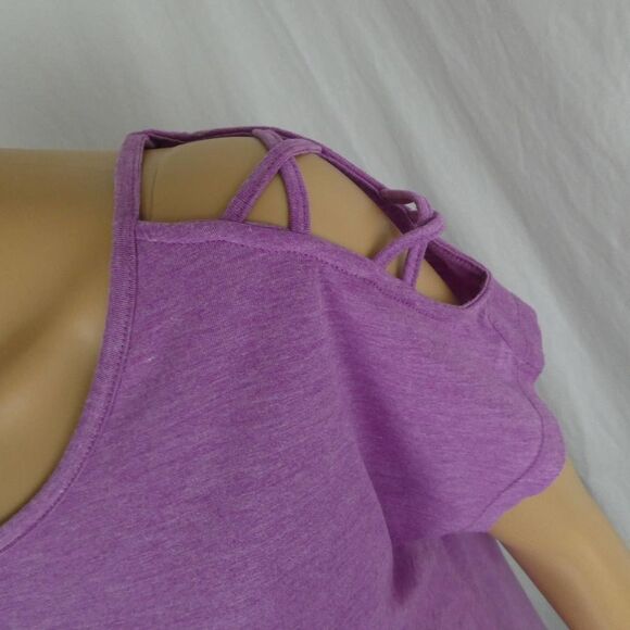 Yogalicious Purple Pink Round Hem Cold Shoulder Crisscross Strap T Shirt Tee Med - Picture 2 of 8